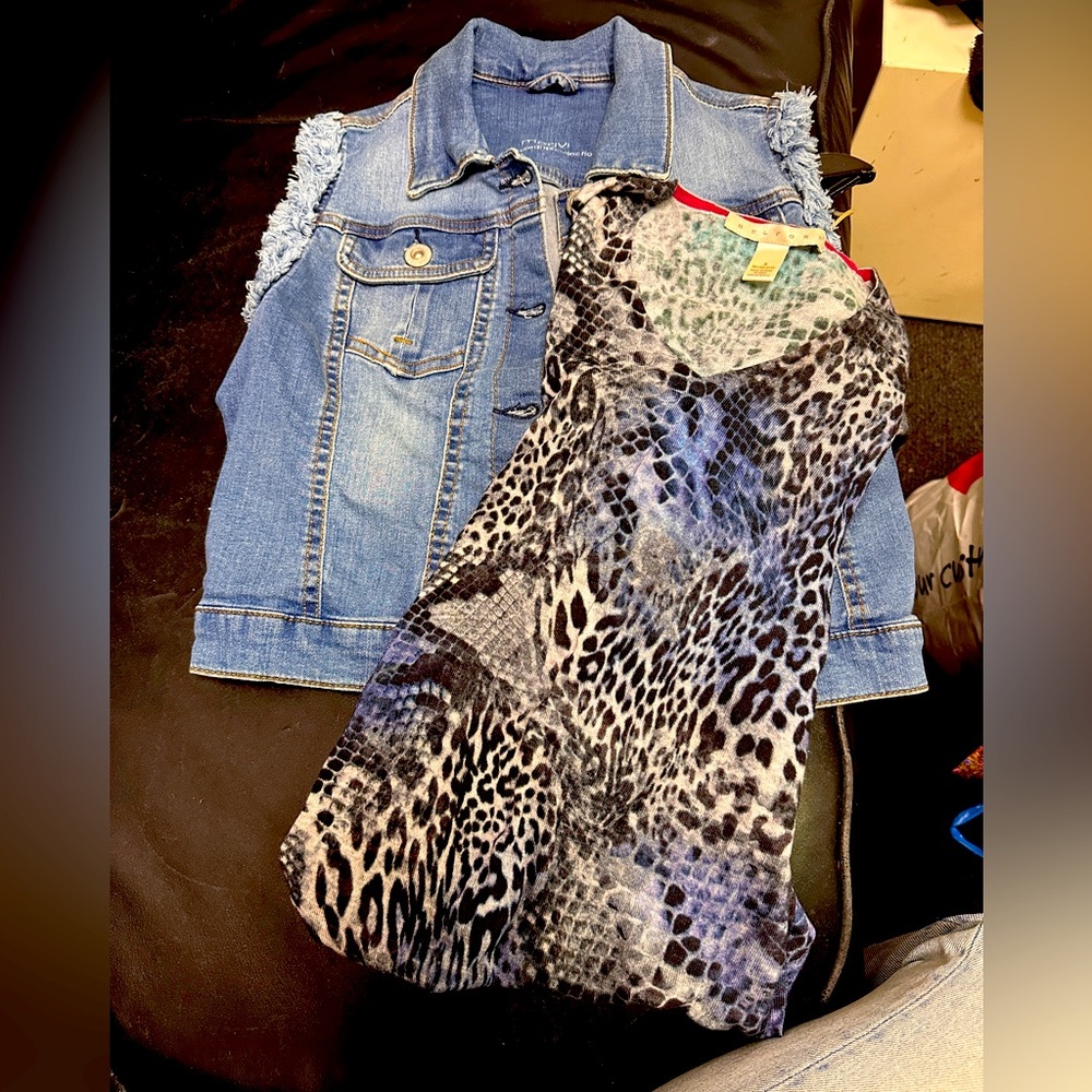 Motivi jean sleeveless jacket + blue animal print long sleeve top from Belford.